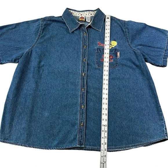 Vintage Looney Tunes Denim Jean Shirt Tweety Bird Naughty But Nice Size 26W/28W - Picture 4 of 6